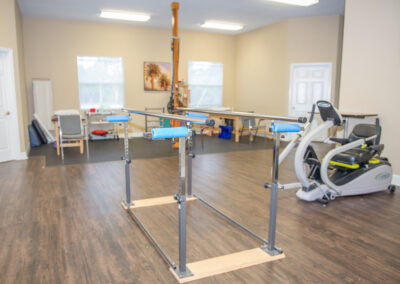 Platform parallel bars for balance training in physical therapy gym area nustep in background