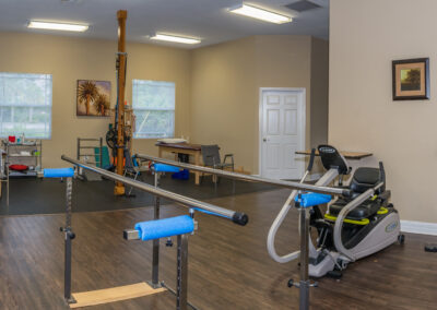 physical therapy cardio and balance area with nustep and recumbent bike and parallel bar platform for balance